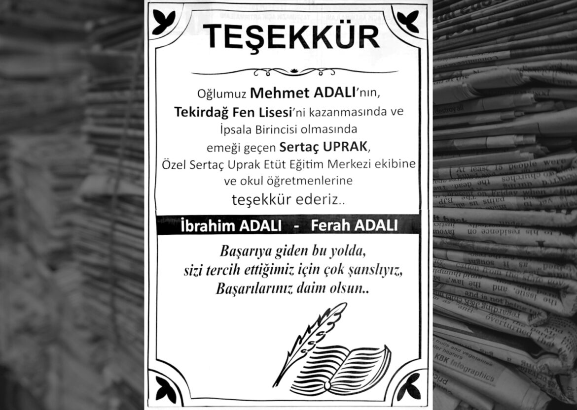 Mehmet Adalı’nın Teşekkürü